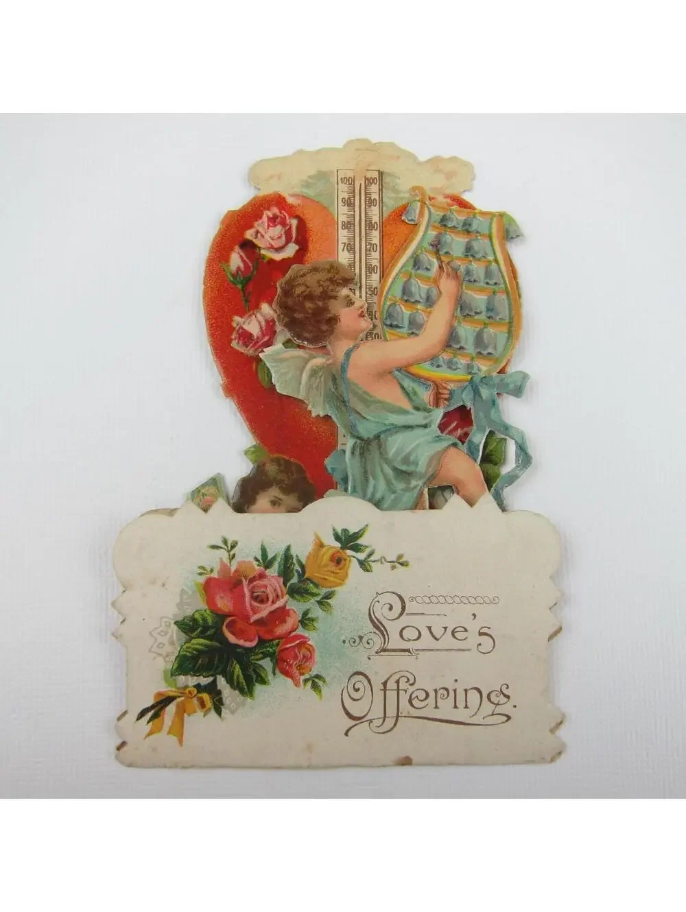 Vintage Valentine 3D Pop Up Die Cut Angel Boys Bell Music Red Heart Thermometer